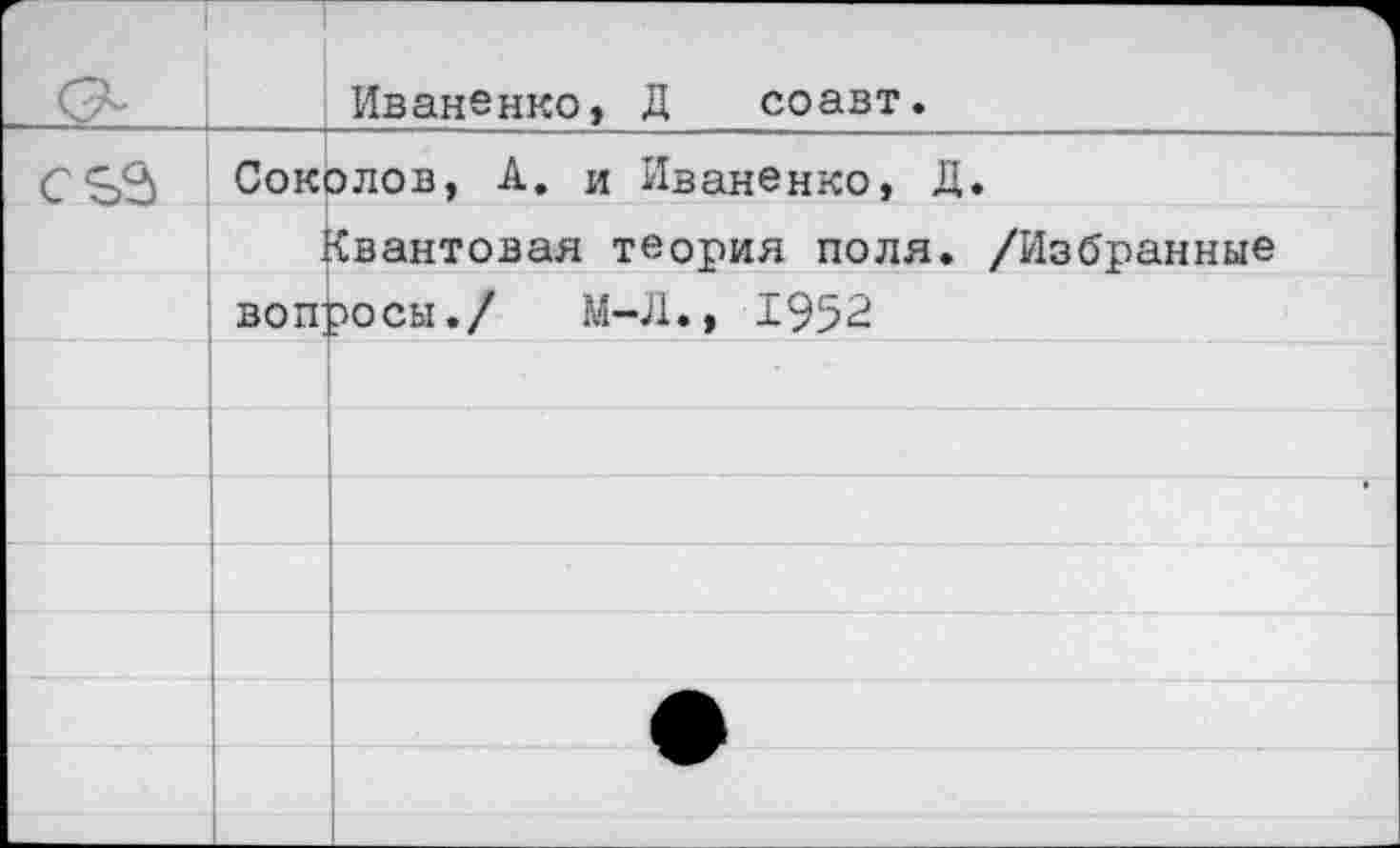 ﻿о-			— Иваненко, Д соавт.
	Соколов, А. и Иваненко, Д.	
		квантовая теория поля. /Избранные
	вопросы./ М-Л., 1952	
		
		
		
		
		
		
		
		ь	_